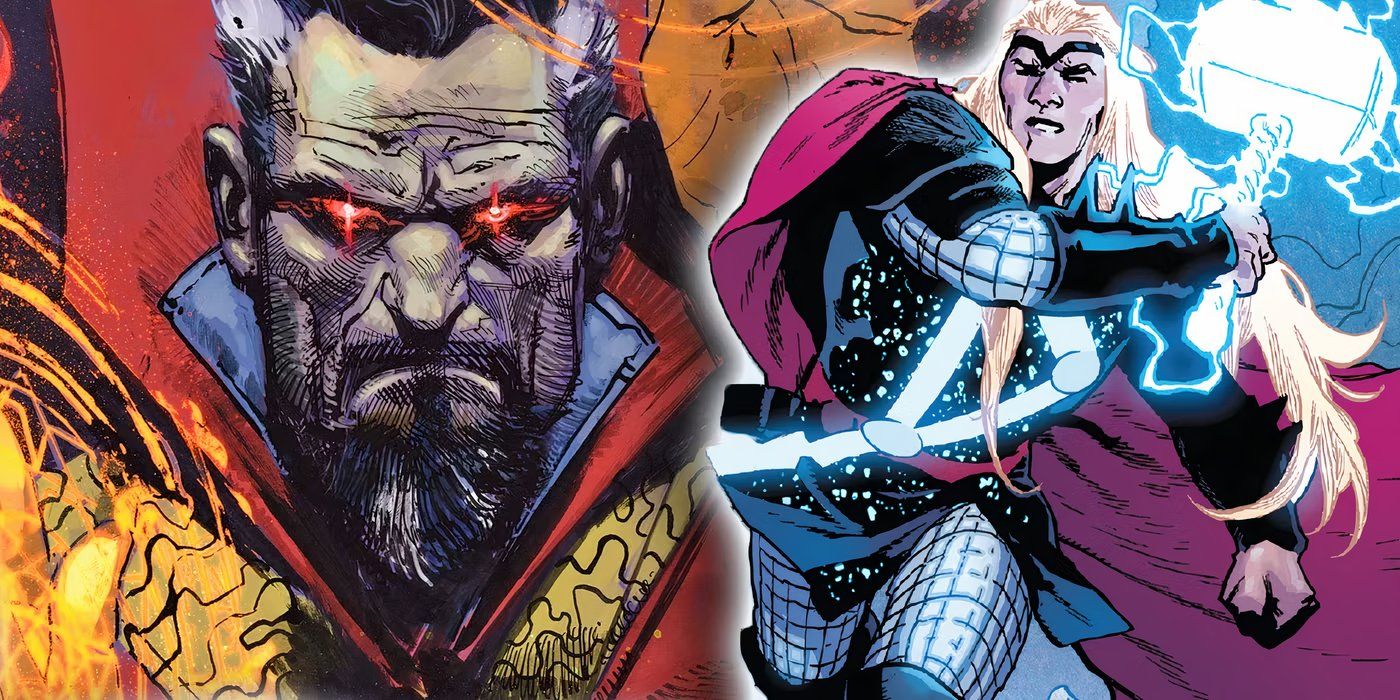 Thor channeling lightning power with Doctor Strange behind him.