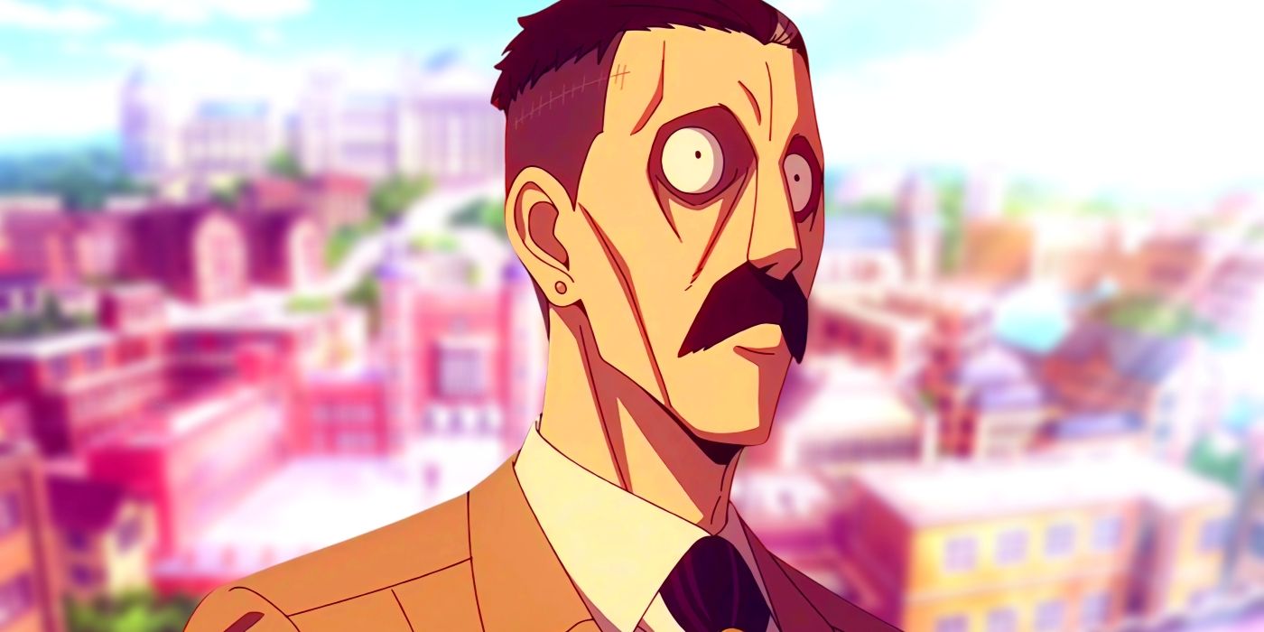 Donovan Desmond staring at the side in his usual suit. Behind him, Eden Academy can be seen.