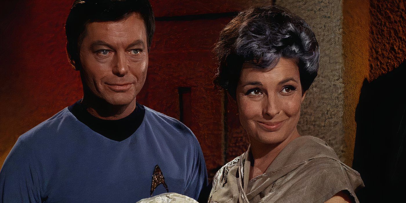 Dr McCoy and Nancy smiling together in Star Trek.
