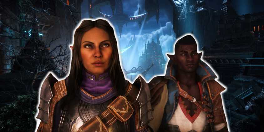 Dragon Age The Veilguard two warriors in front of a blue background with castle and destroyed area.