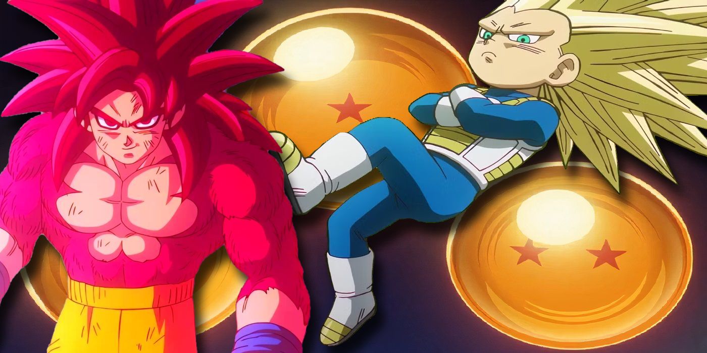 Super Saiyan 4 Goku and Super Saiyan 3 Vegeta in front of Daima&rsquo;s Dragon Balls.