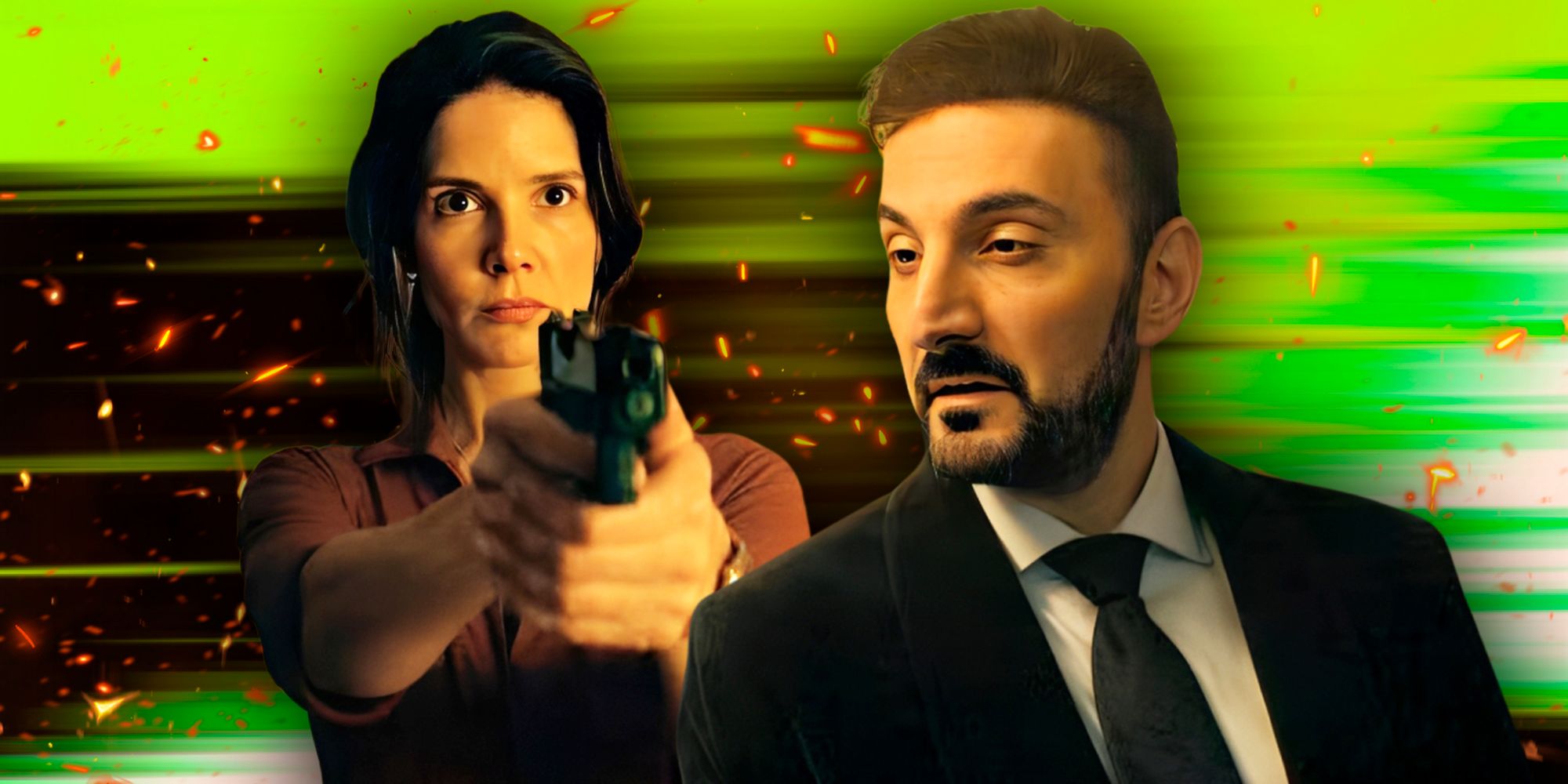 Duffy (Sonya Cassidy) pointing a gun and Anousha Alamian&rsquo;s Nasser looking smug}