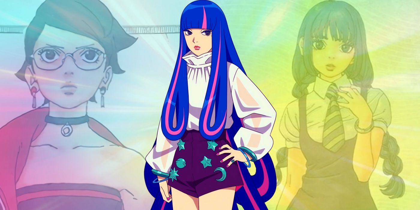 Eida, as seen in the anime, standing with a hand on her hip. Behind her, Sarada and Sumire can be seen.