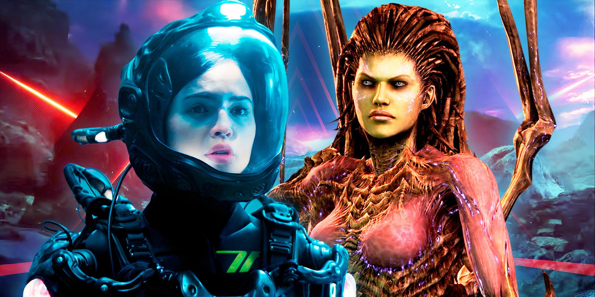 Eiza Gonzales from Ash alongside Kerrigan from Starcraft, with the alien world as the background
