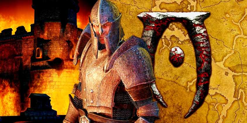 Elder Scrolls 4 Oblivion Imperial Guard in front of the game's logo and Cyrodiil map.