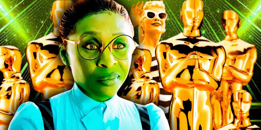 Elphaba from Wicked (2024) as the focus around Oscars iconography with Barbie (2023) hidden in the background