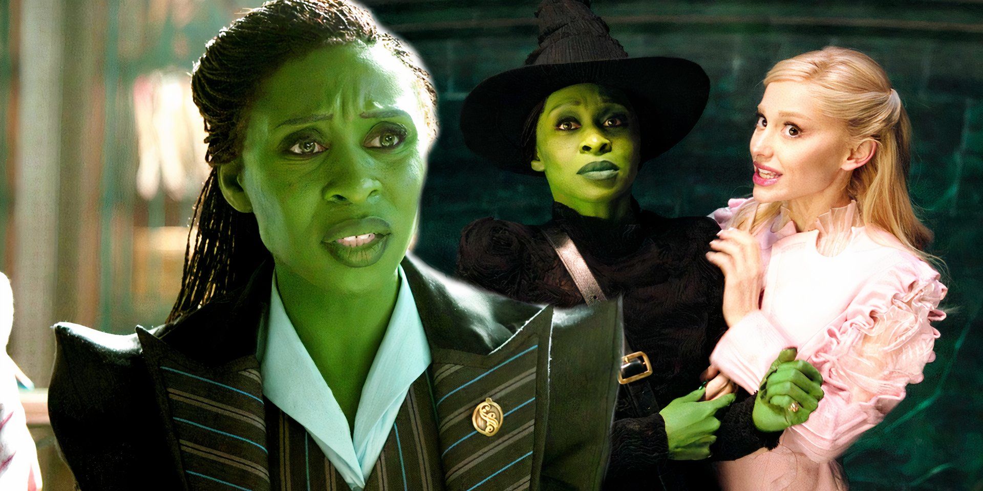 Elphaba looking angry while Glinda calms down Elphana in Emerald City in Wicked