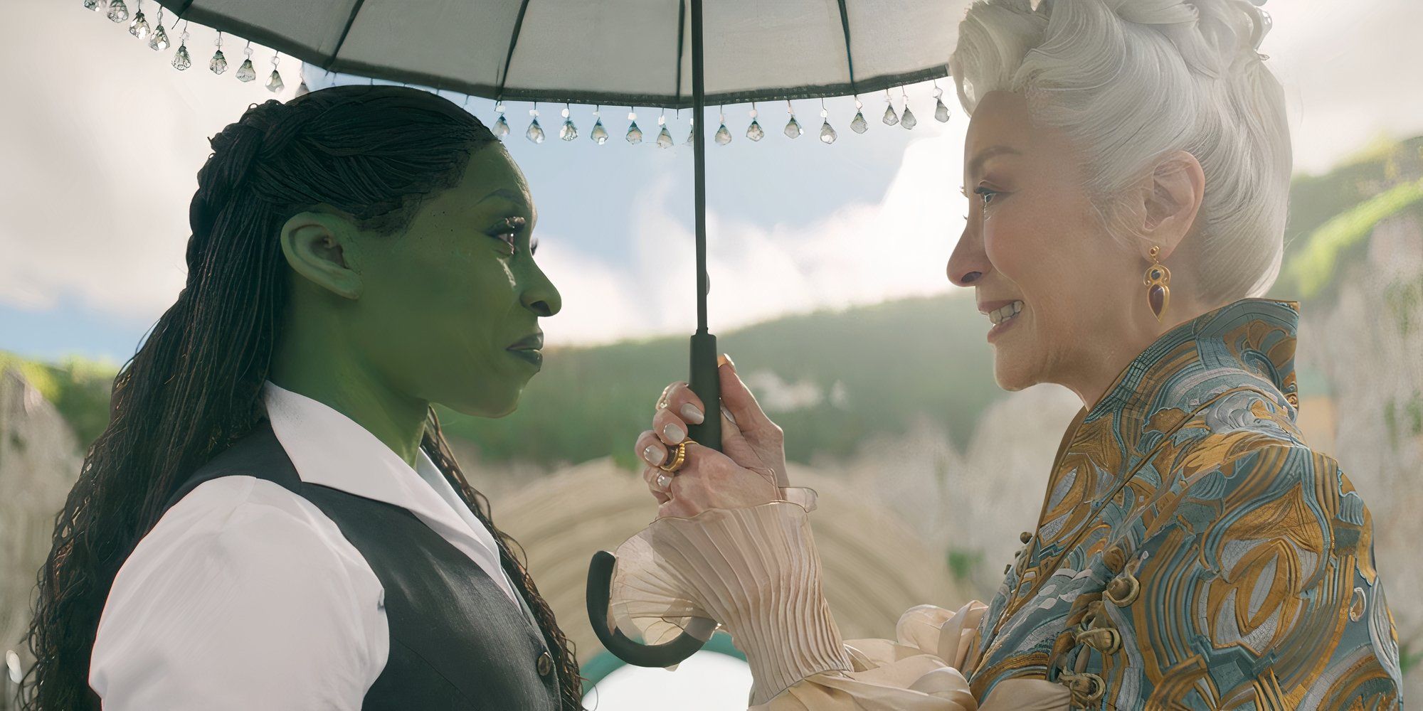 Elphaba and Madame Morrible looking at each other in Wicked