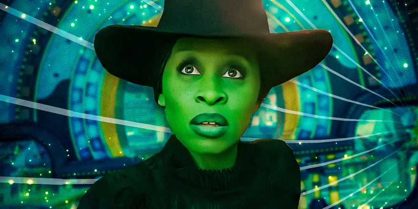 Cynthia Erivo as Elphaba looking up, surprised, in the Wicked movie