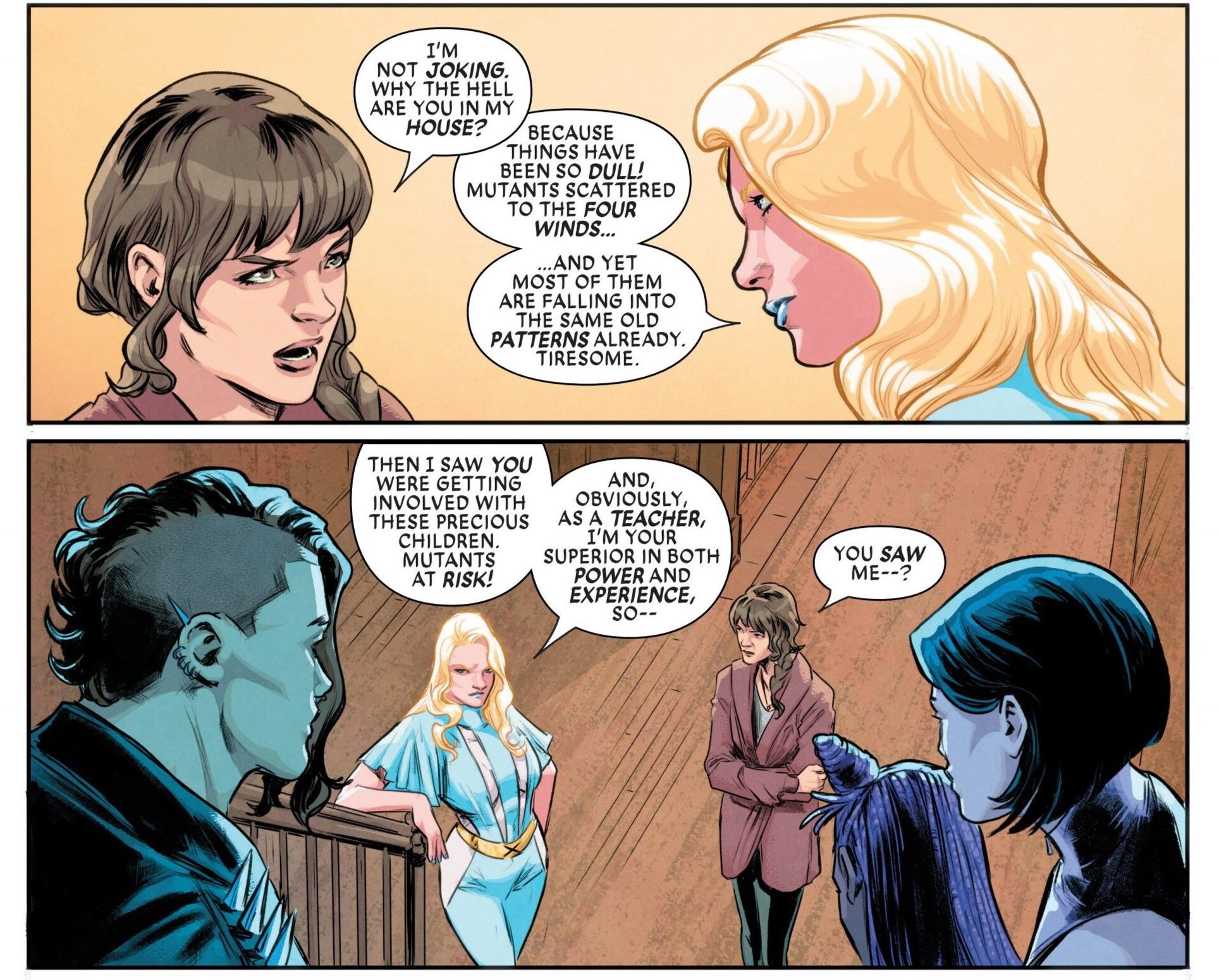Emma Frost scolds Kate Pryde for hiding after Krakoa's collapse.