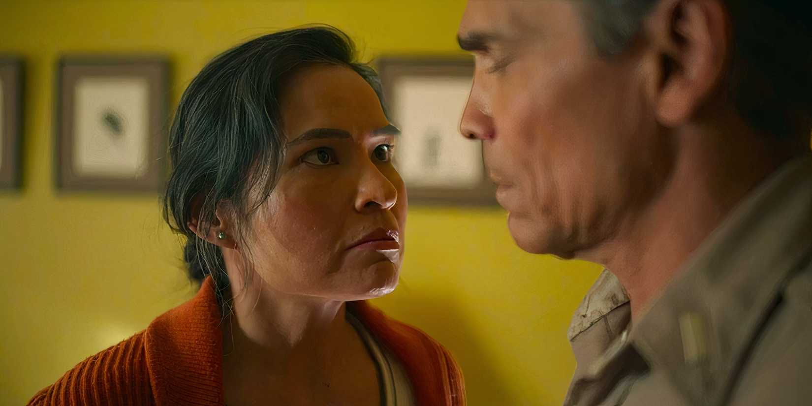 Emma Leaphorn (Deanna Allison) glares at Joe (Zahn McClarnon) in Dark Winds season 3
