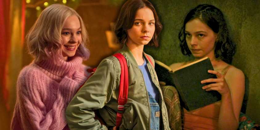 A collage of Emma Myers in roles in Wednesday, A Good Girls Guide To Murder, and Girl In The Basement