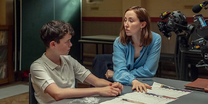 Erin Doherty and Owen Cooper talking to each other in Adolescence