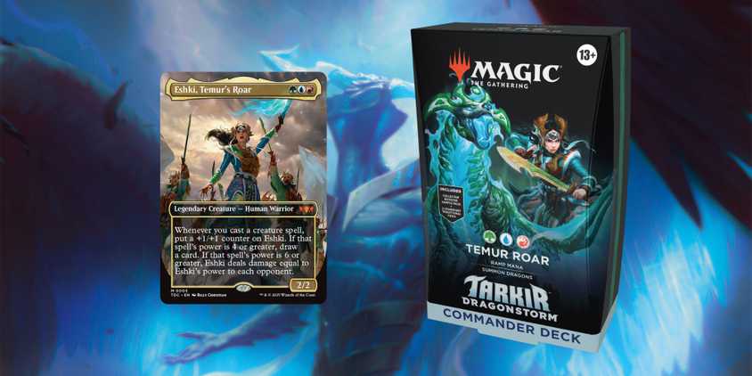 Eshki, Temur's Roar card next to Temur Roar Commander deck from Magic The Gathering