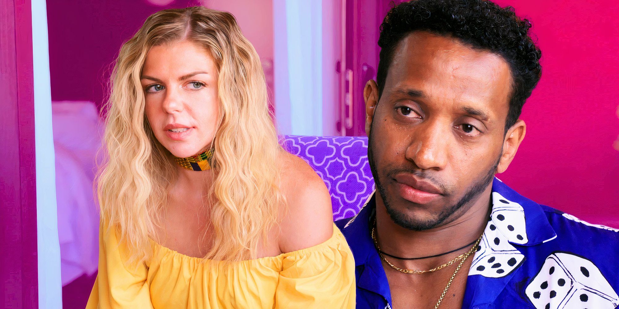 90 Day Fiance Biniyam Shibre looking glum and Ariela Weinberg in yellow dress staring in disgust