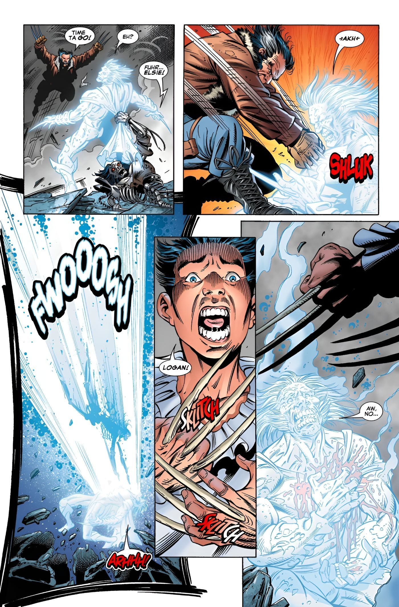 A variant of Wolverine stabs Brother Mutant as a young Wolverine variants calls out.