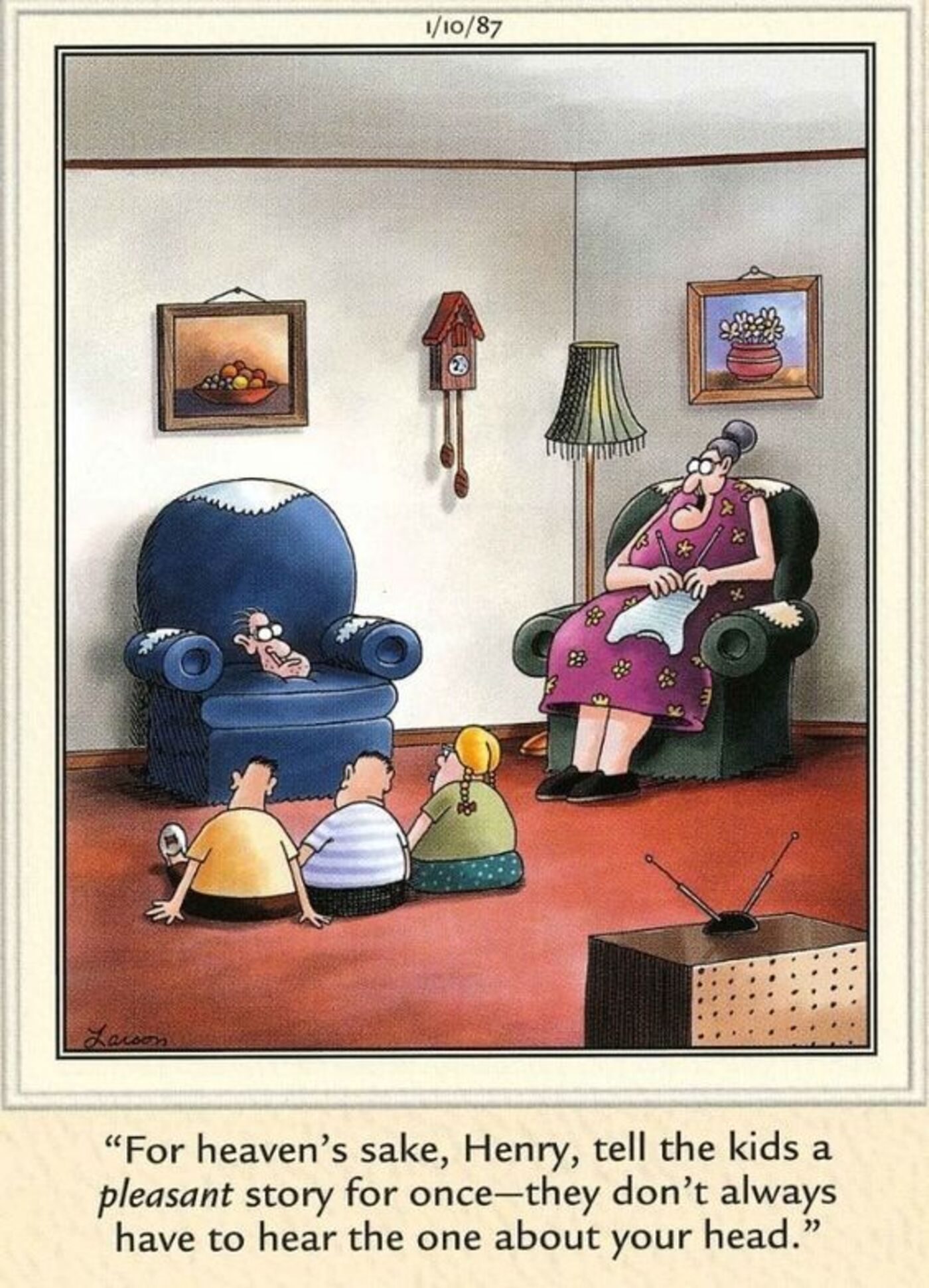 Far Side, a head telling a story to children.