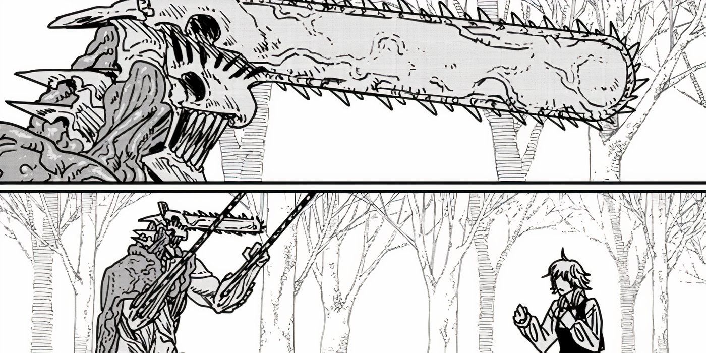 The fake Chainsaw Man and the Death Devil standing across from each other ready for a fight.