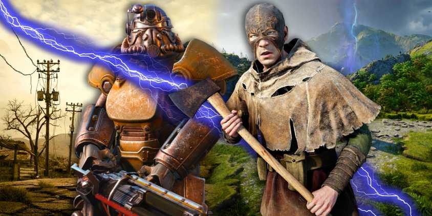 A power armor suit from Fallout 4 next to a cultist from Atomfall.