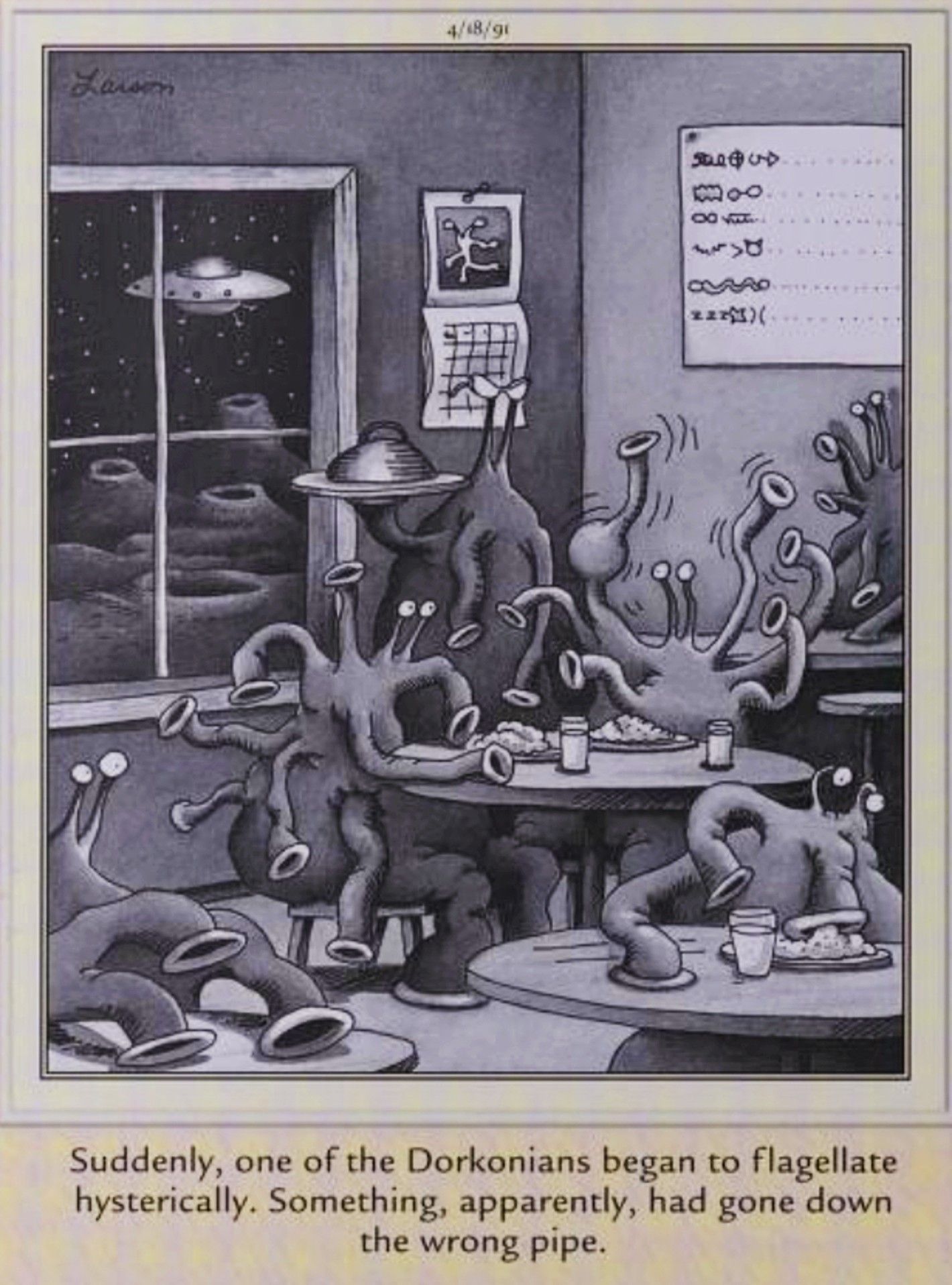 Far Side, April 18, 1991, an alien at an extraterrestrial restaurant starts to choke on its food