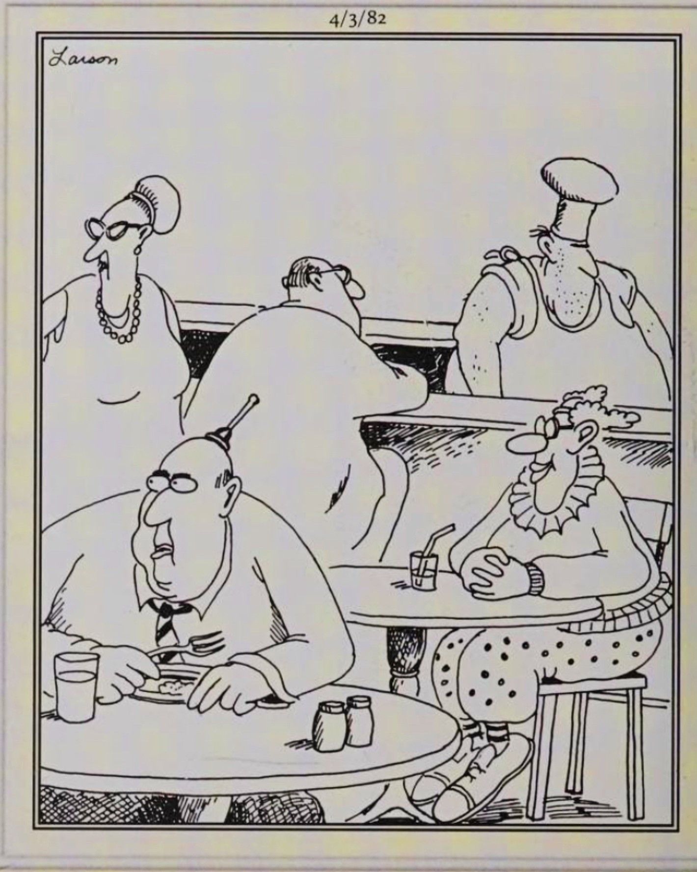 Far Side, April 3, 1982, a clown looks innocent after hitting a man with a suction cup dart