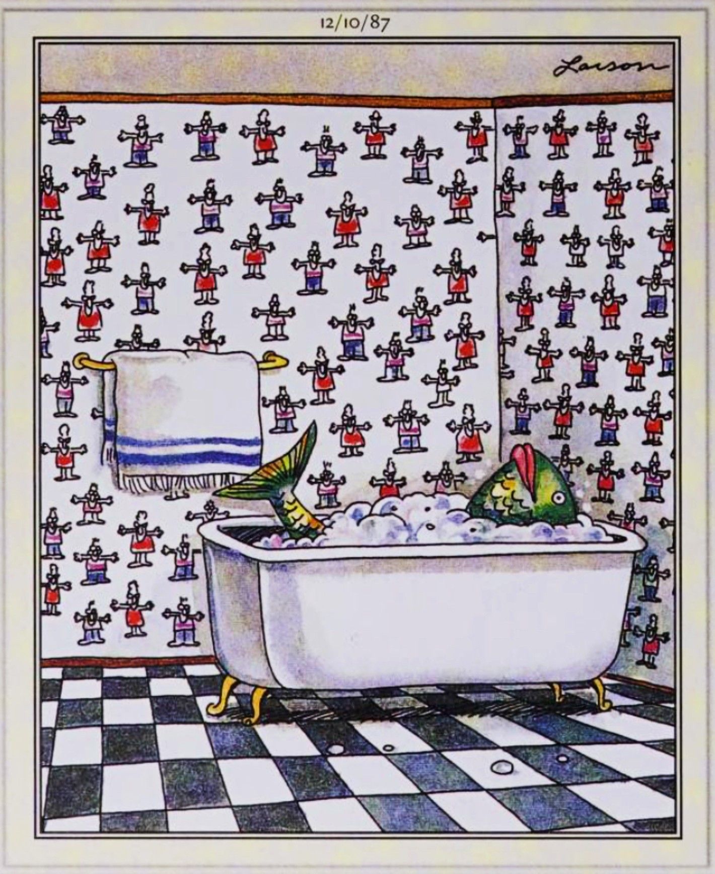 Far Side, December 10, 1987, a fish takes a bath in a bathroom with human being wallpaper