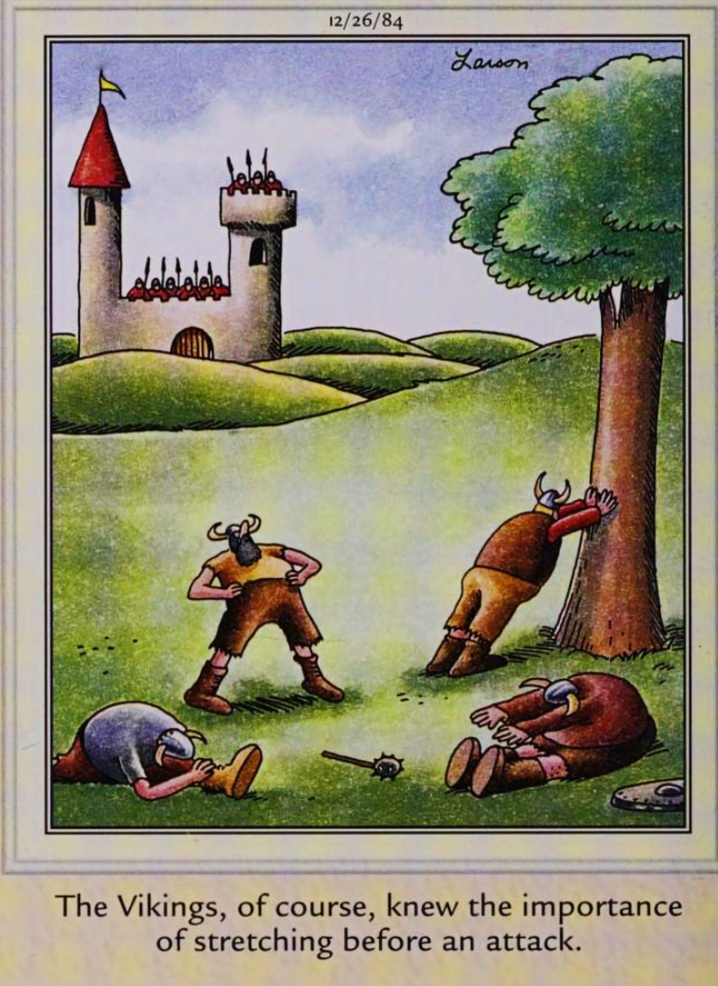 Far Side, December 26, 1984, Vikings stretching before an attack on a fortified castle