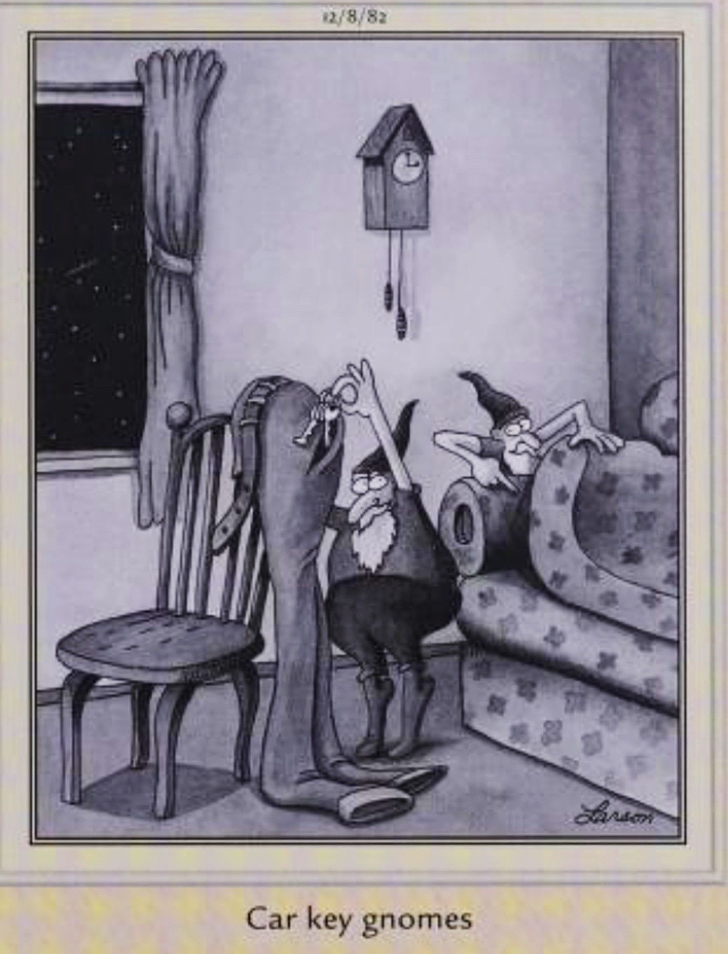 Far Side, December 8, 1982, &lsquo;car key gnomes&rsquo; steal peoples' keys &amp; hide them