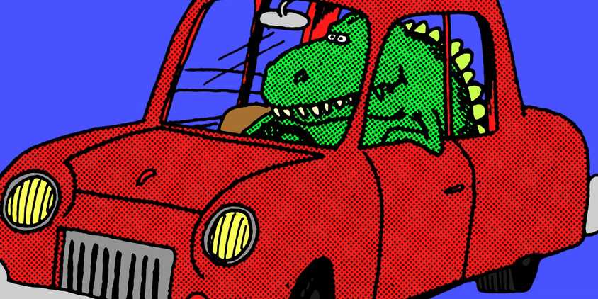 far side dinosaur in car