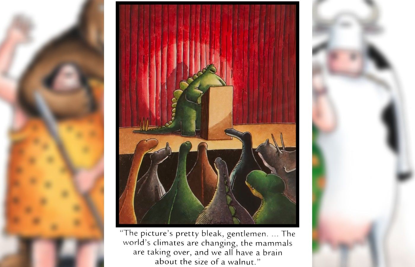 far side dinosaur public speaker