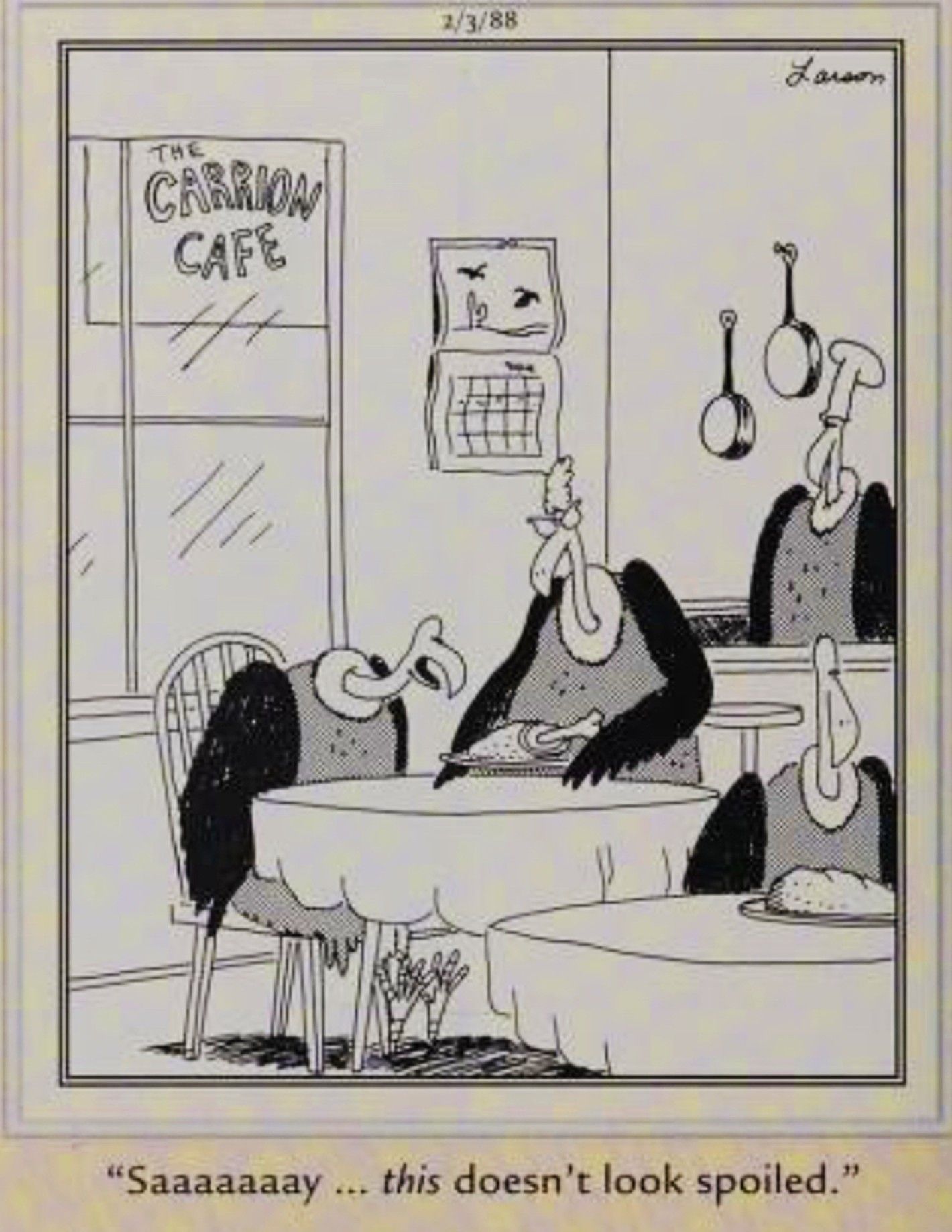 Far Side, February 3, 1988, a vulture eating at the &lsquo;carrion cafe&rsquo; complains that its food isn&rsquo;t spoiled