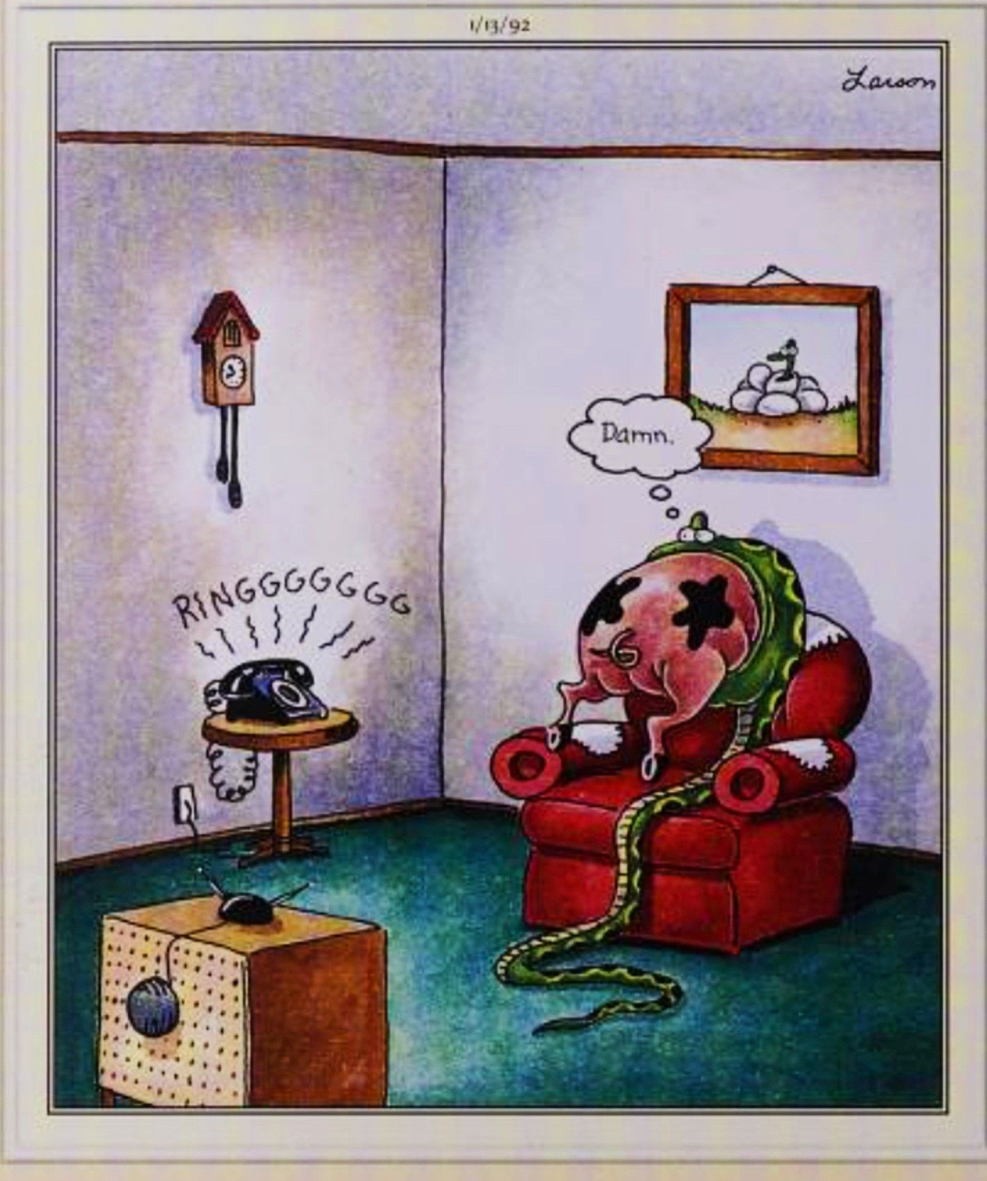 Far Side, January 13, 1992, a snake's phone ring as it has a pig stuffed in its mouth