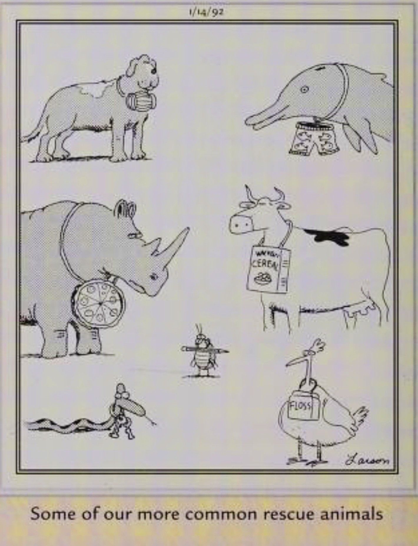 Far Side, January 14, 1992, featuring &lsquo;some of our most common rescue animals&rsquo;