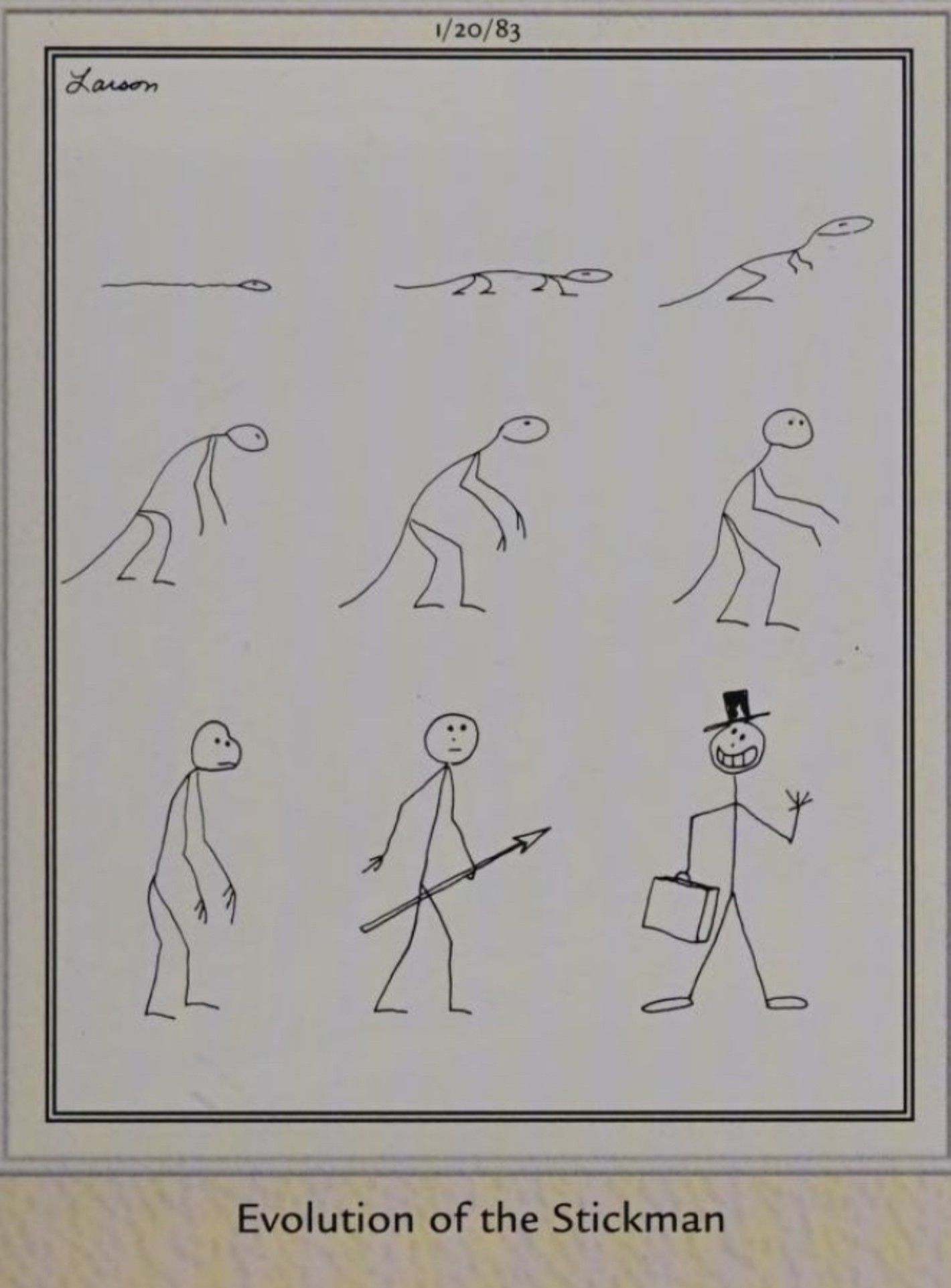 Far Side, January 20, 1983, featuring the &lsquo;evolution of the stickman&rsquo;