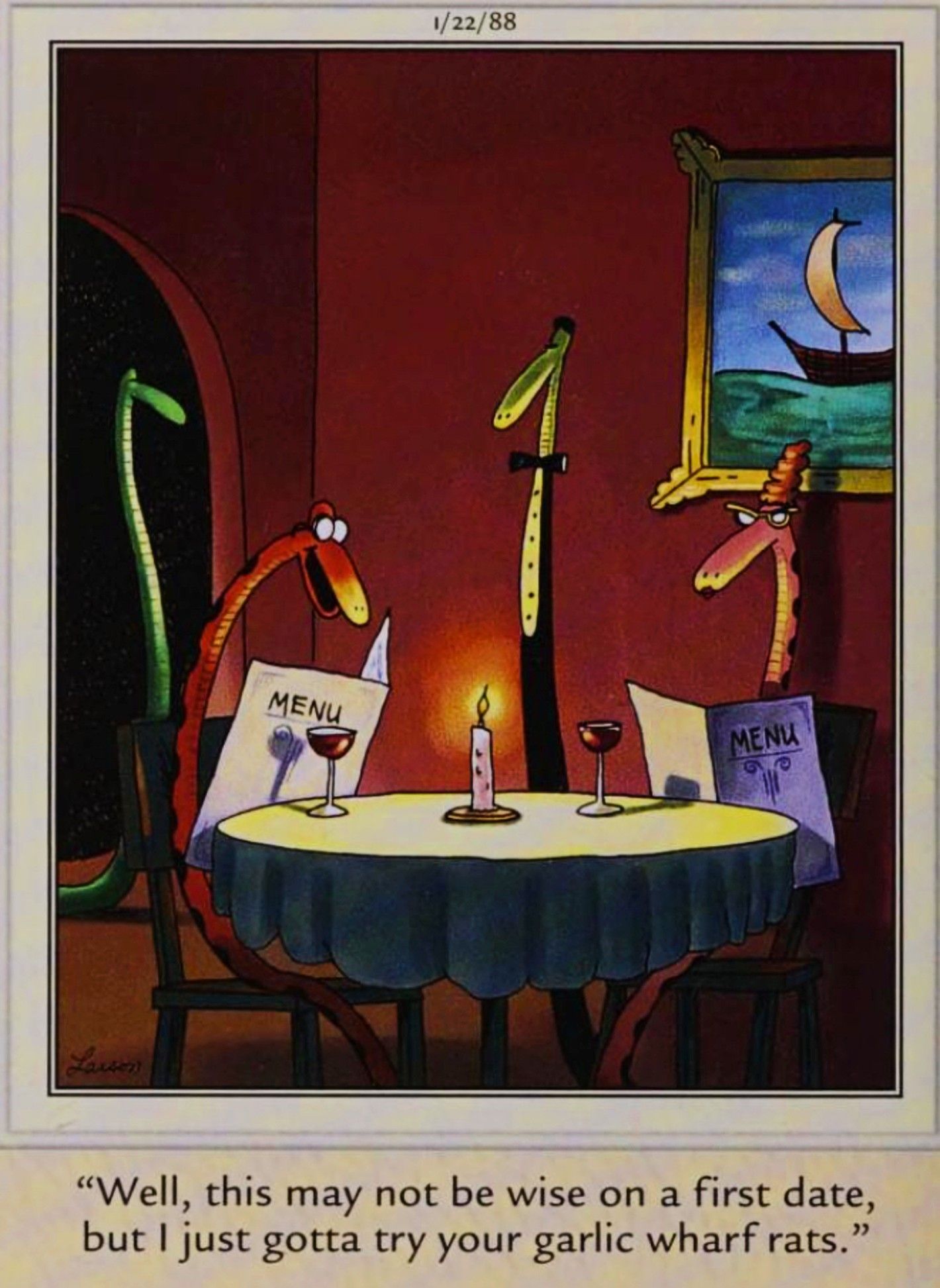 Far Side, January 22, 1988, snakes at a restaurant on a first date