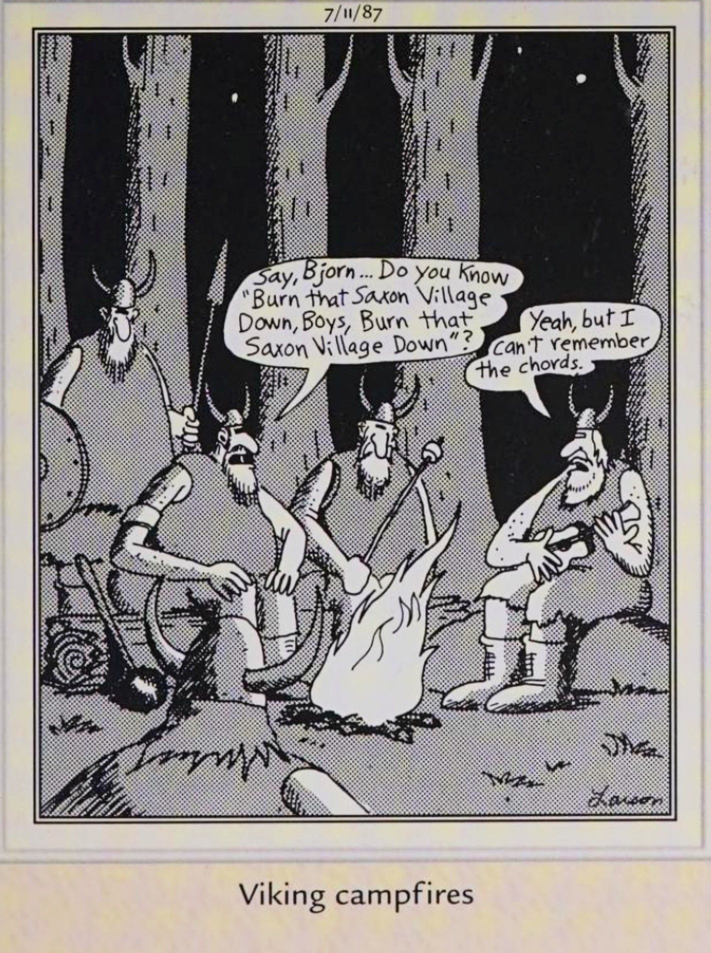 Far Side, July 11, 1987, Vikings around a campfire as Bjorn to play a song about burning down a village