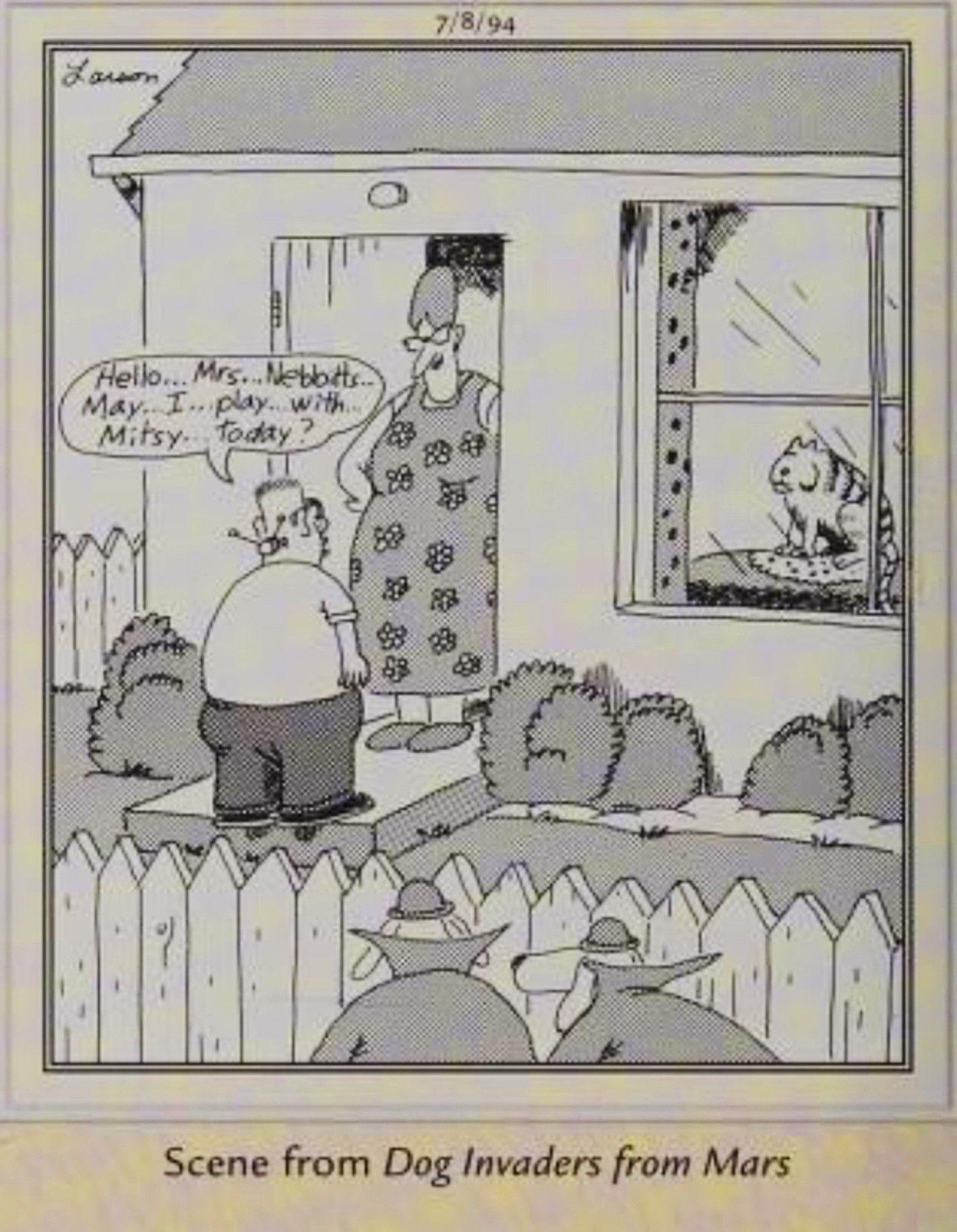 Far Side, July 8, 1994, dogs remote control a boy to try to get at a neighbor&rsquo;s cat