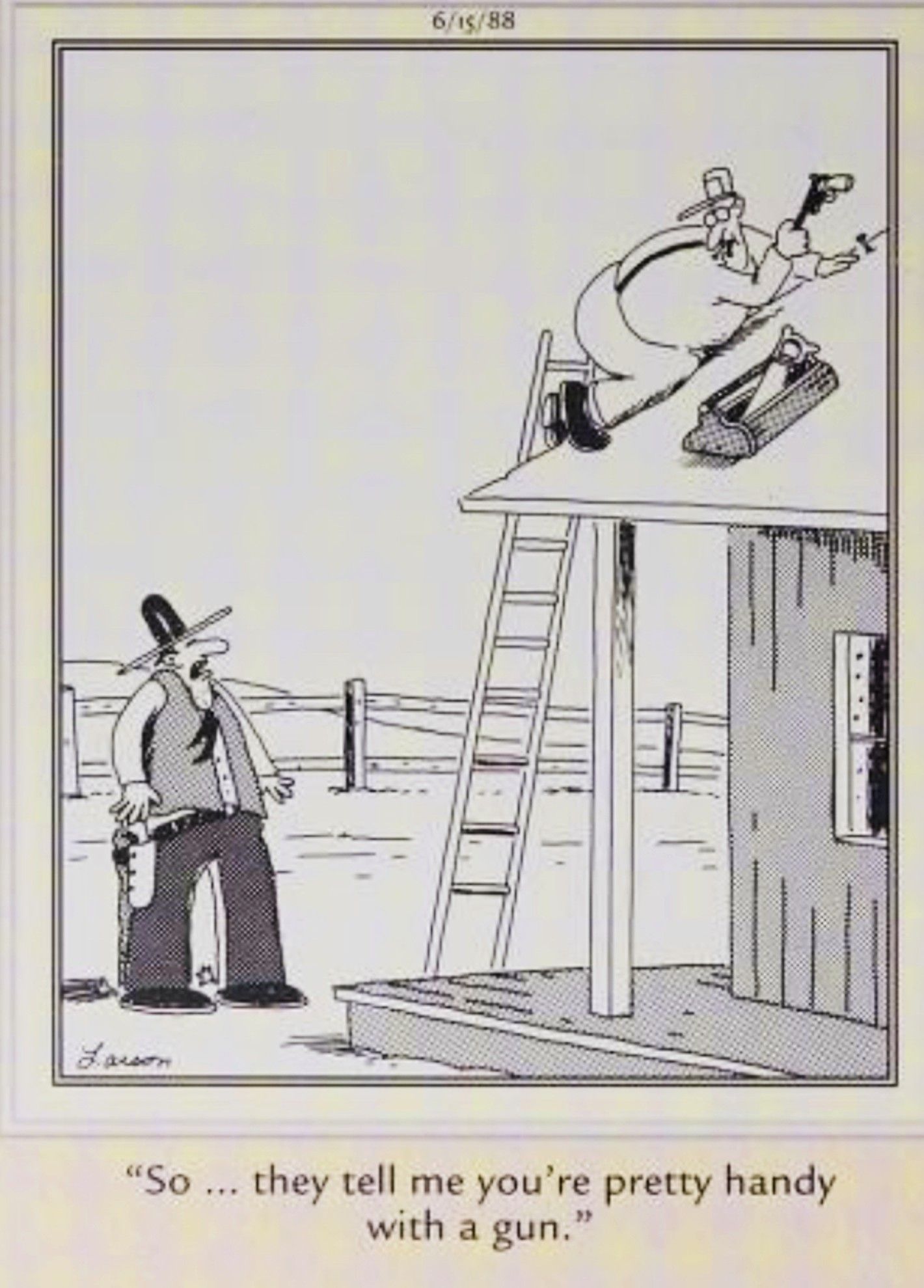 Far Side, June 15, 1988, a man uses a gun as a hammer