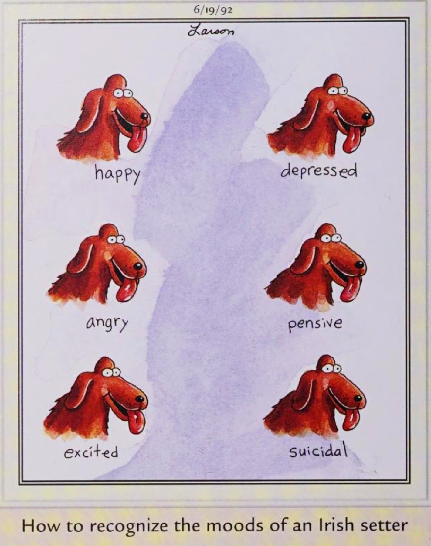 Far Side, June 19, 1992, featuring different attitudes of an irish setter