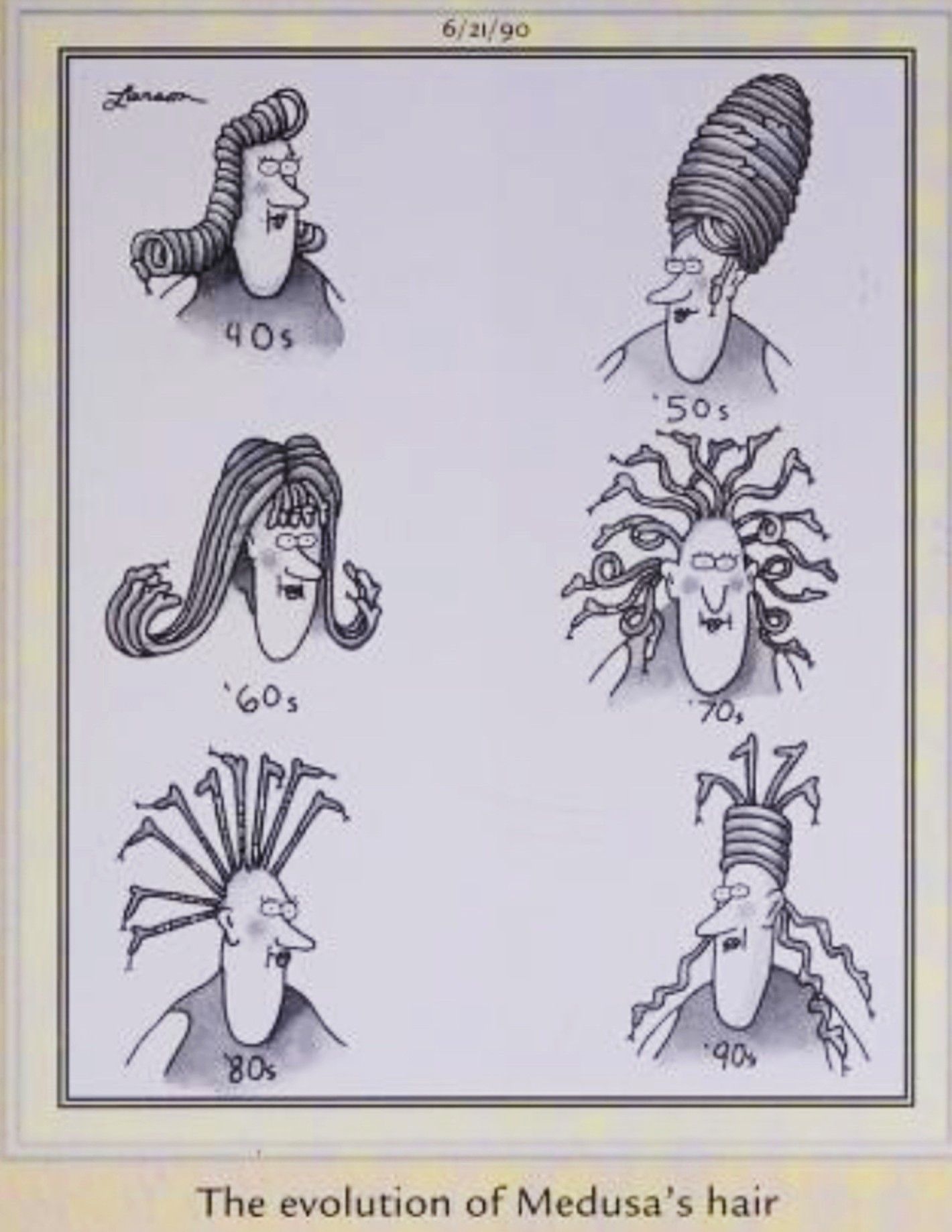 Far Side, June 21, 1990, featuring the &lsquo;evolution of Medusa&rsquo;s hair&rsquo;