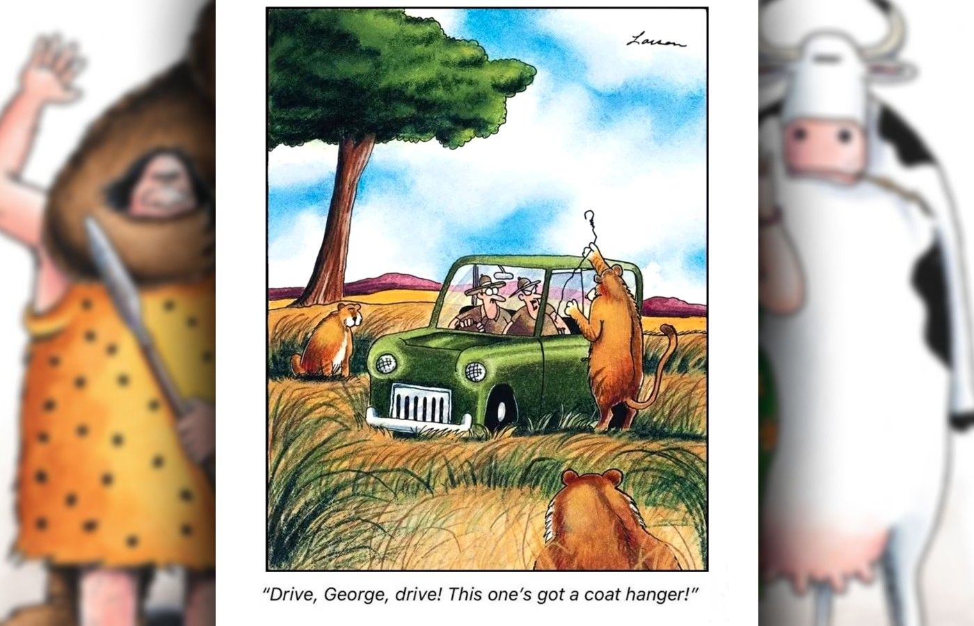 far side lion breaks into car comic