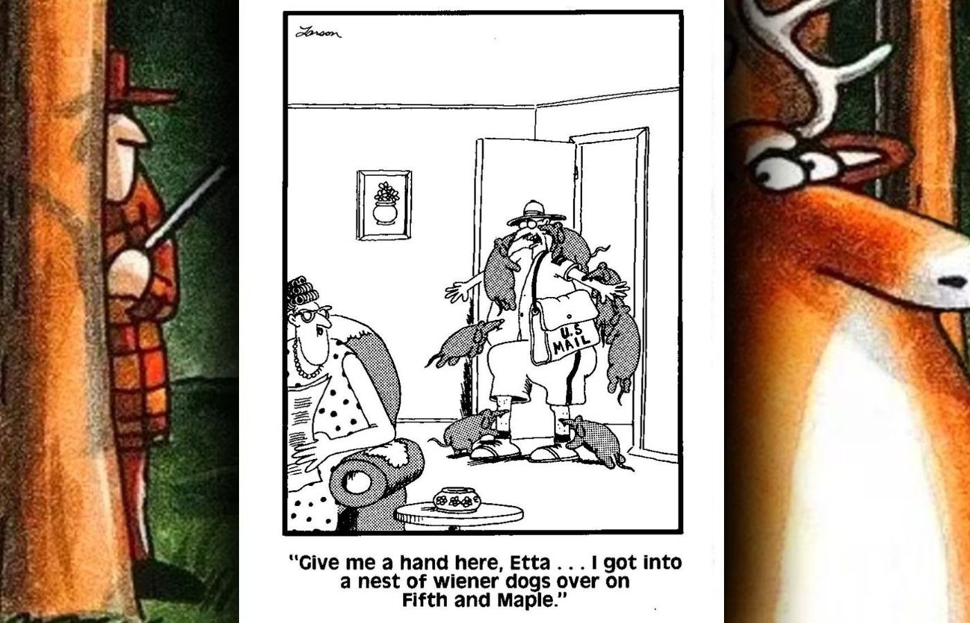 far side mailman attacked by weiner dog