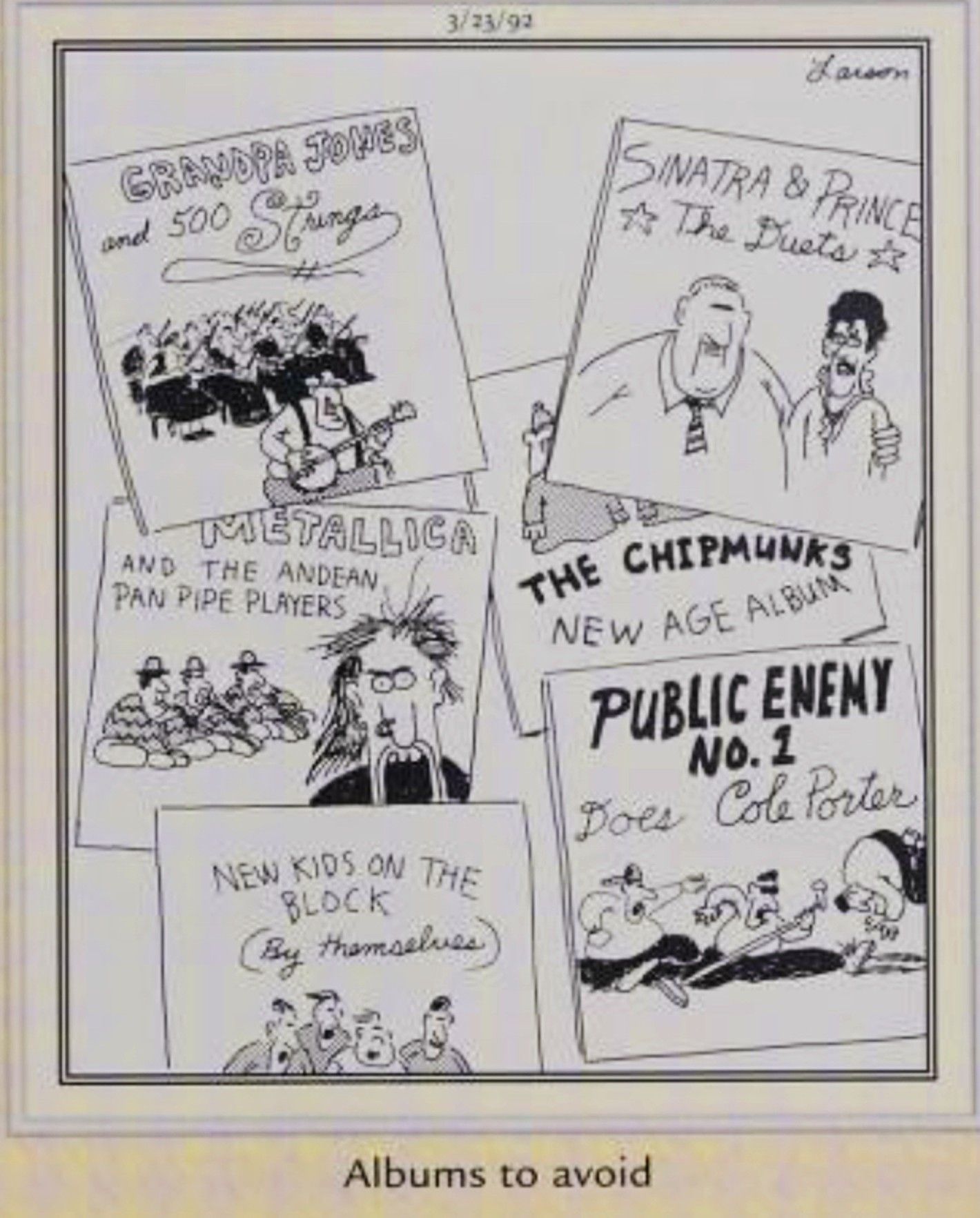 Far Side, March 23, 1992, featuring &lsquo;albums to avoid&rsquo;