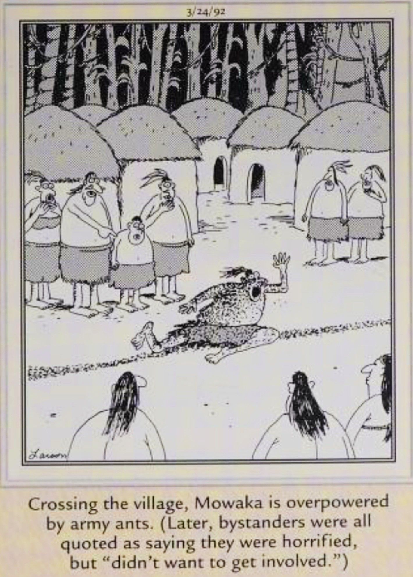 Far Side, March 24, 1993, a villager is consumed by army ants as bystanders look on