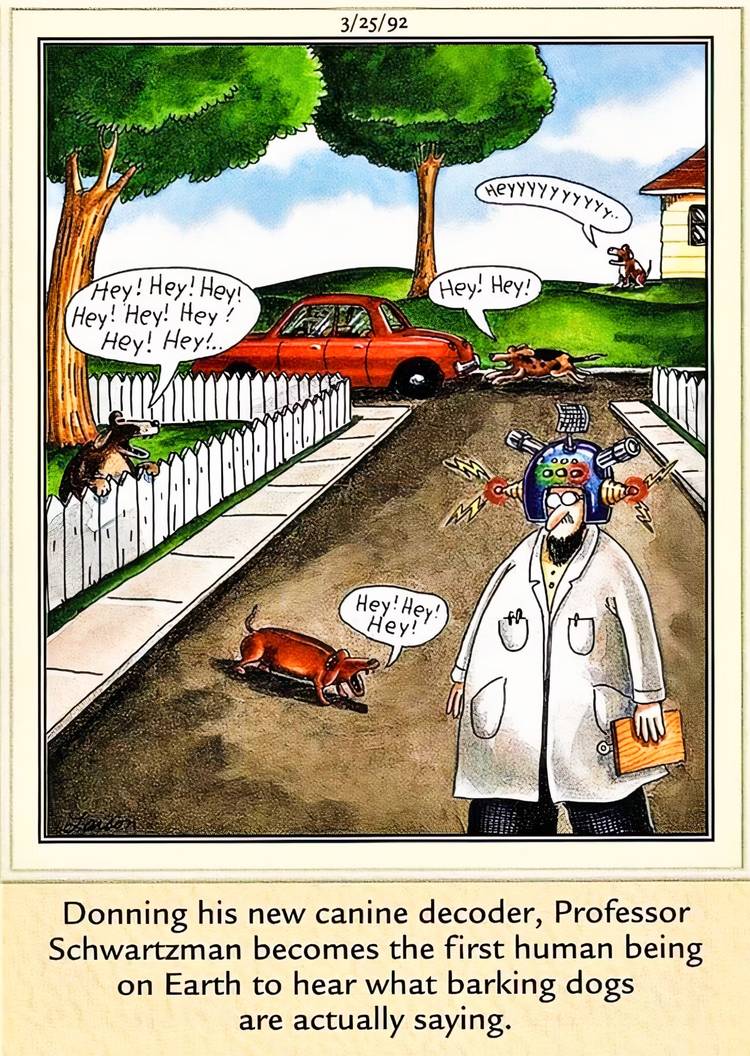 Far Side, March 25, 1992, a scientist walks down the street wearing a dog bark translating helmet