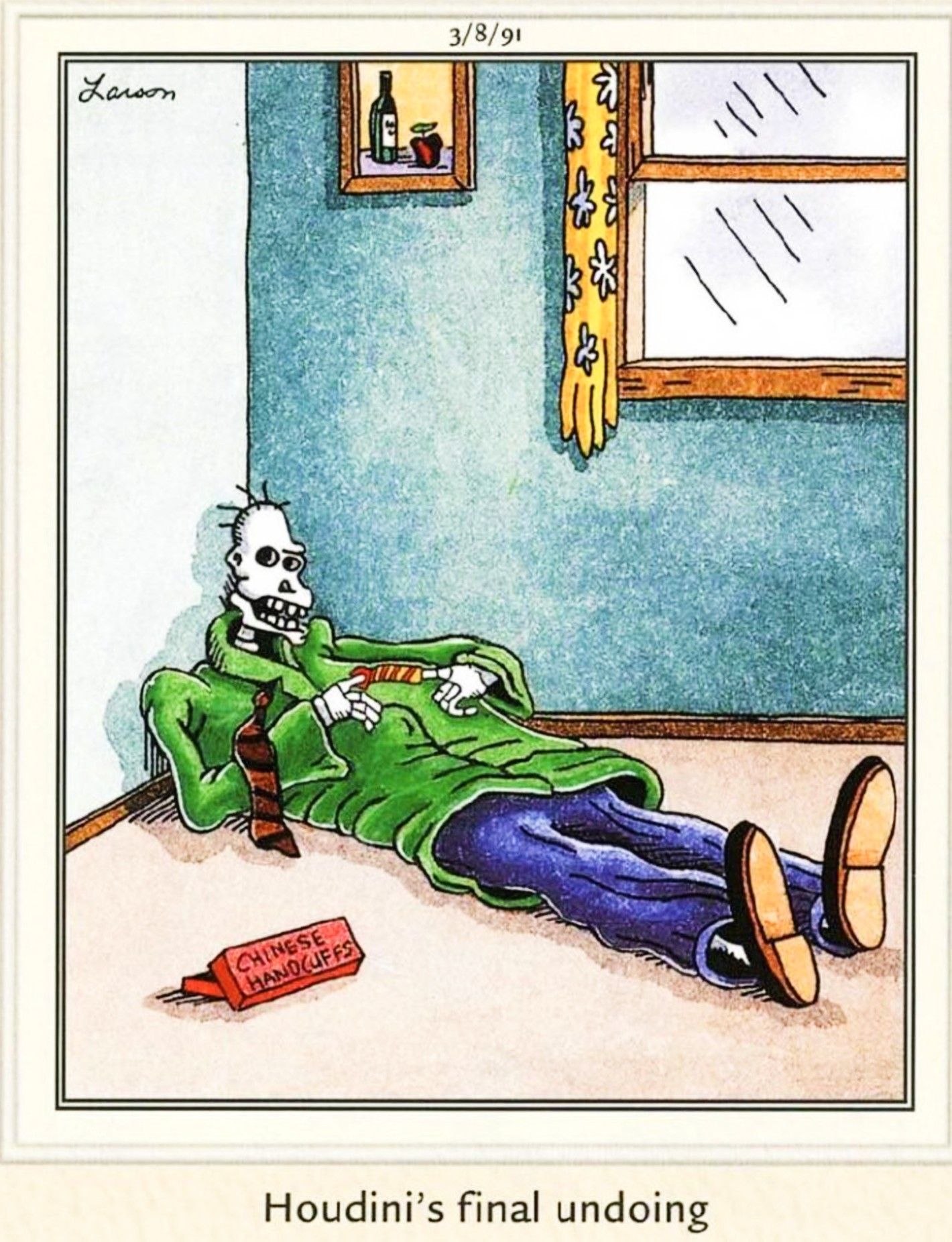Far Side, March 8, 1991, Houdini&rsquo;s skeleton, with his fingers stuck in &lsquo;chinese handcuffs&rsquo;