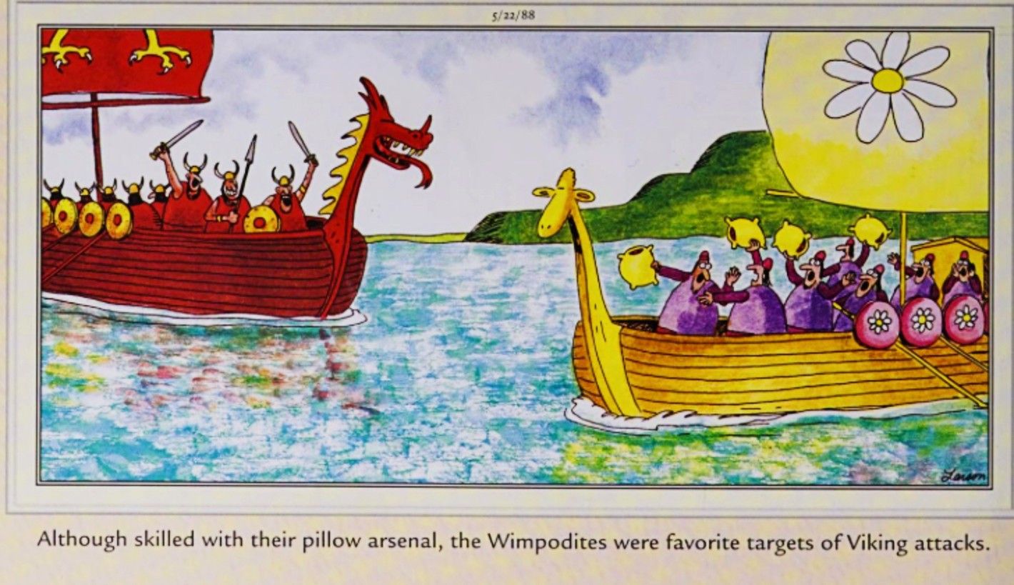 Far Side, May 22, 1988, Vikings en route to attack the 'Wimpodites'