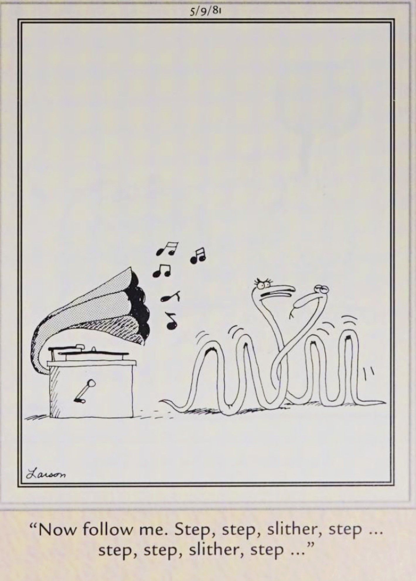 Far Side, May 9, 1981, one snake gives another dancing lessons