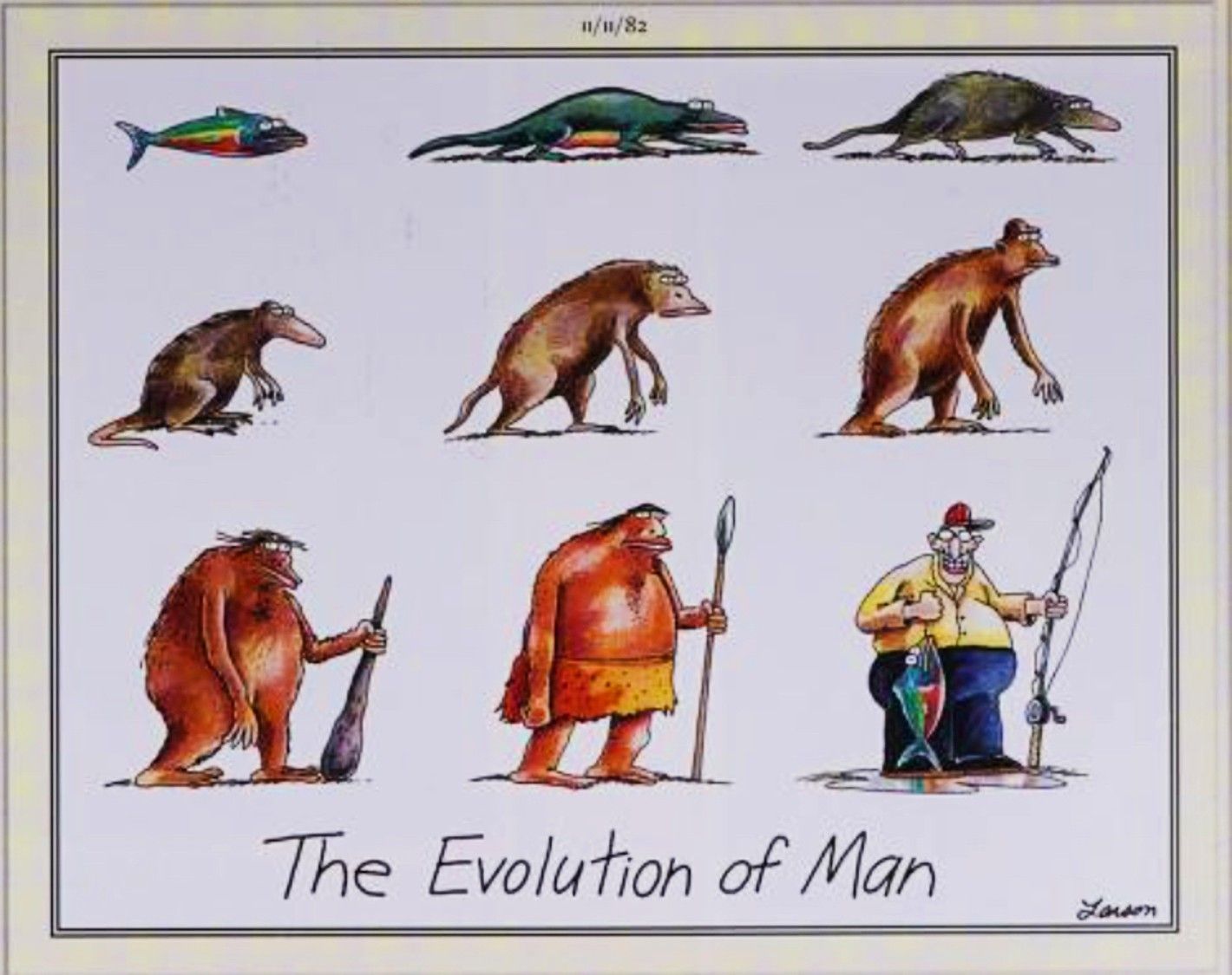 Far Side, November 11, 1982, comic depicting 'the evolution of man' from fish to fisherman