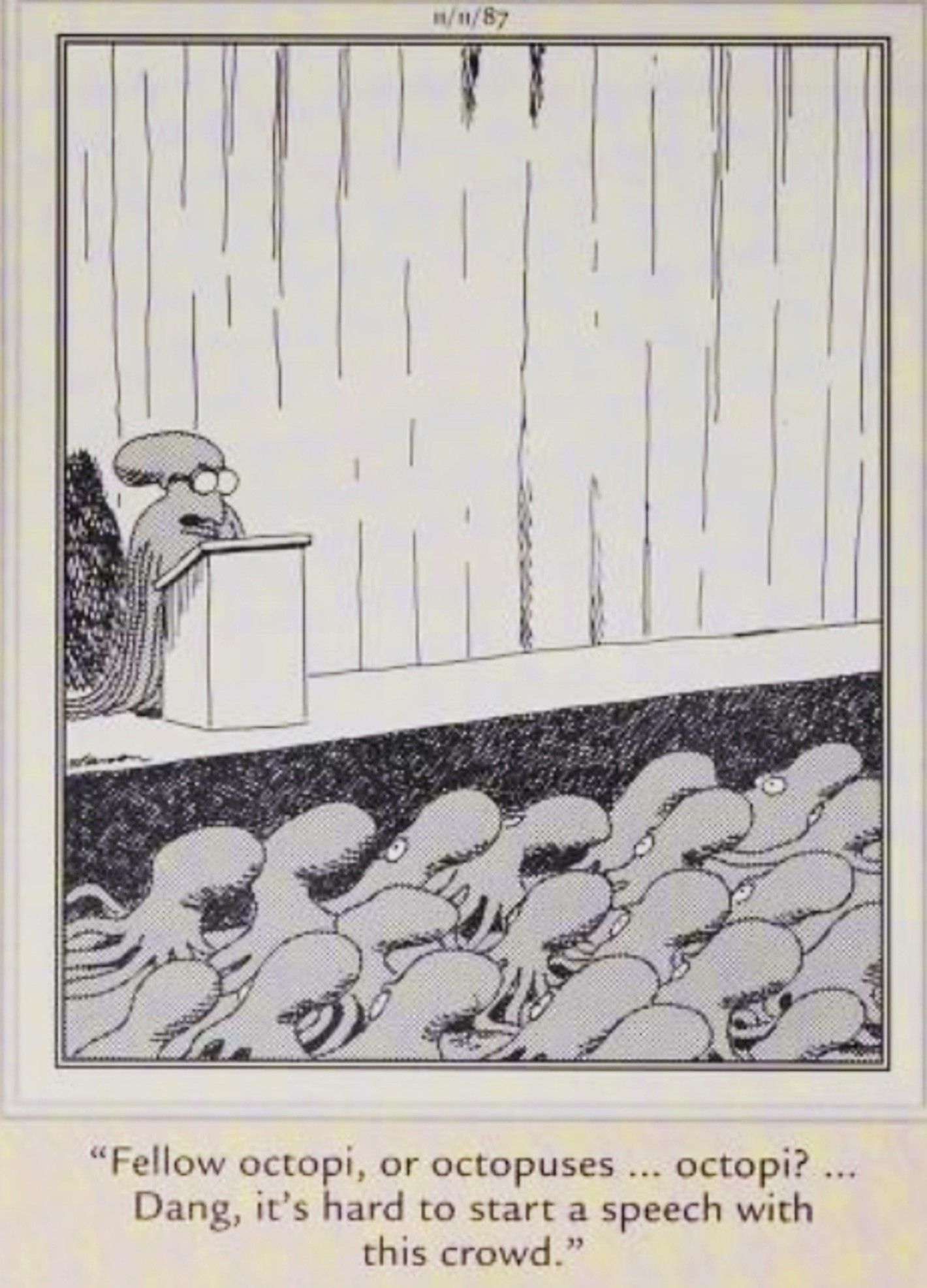 Far Side, November 11, 1987, an octopus at a podium stumbles over pluralizing his own species